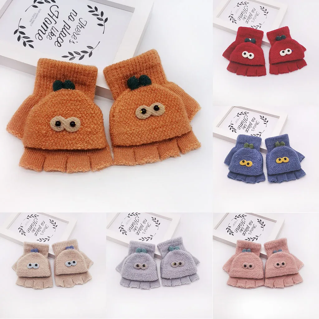 Детские зимние теплые вязаные перчатки с рисунком кота из мультфильма для