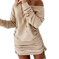70 2021 new autumn winter women sexy mini dress 5 colors hand wash long sleeve one shoulder drawstring bodycon sweater dress