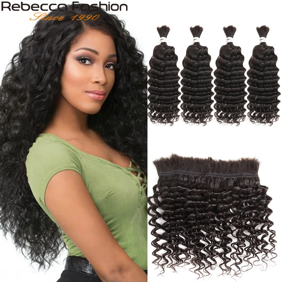 Rebecca Malaysian Deep Wave 4 PCS Human Hair Braiding Bulk No Weft 10 To 28 30 Inch Remy Bulk Human Hair Natural Color