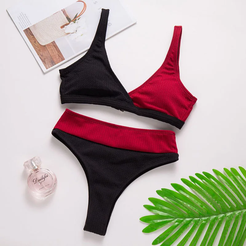 

Stitching contrast color V-neck sexy swimsuit summer fashion women's split swimsuit suit ladies bikini beach women's clothing