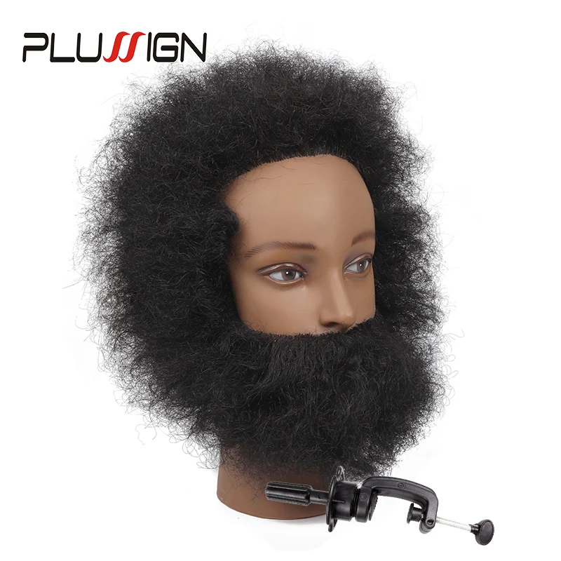 African American Training Head Human Hair Afro Style With Beard Male Mannequin Head For Cutting Practice With Free Table Stand