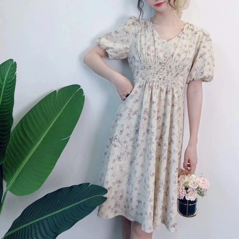 

2021 New Elegant Chic Print Woman Dress Sweet V-neck Lantern Short Sleeve Dresses Summer Slim Waist Design Femme Vestidos