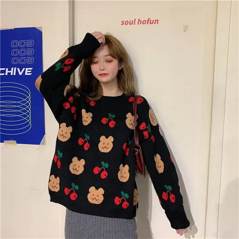 Женский свободный свитер Ulzzang Повседневный в стиле ретро с медведем корейский