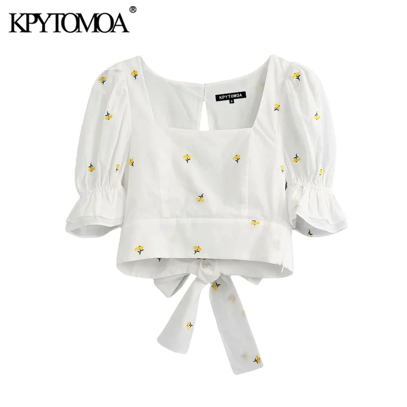 

KPYTOMOA Women Sweet Fashion Floral Embroidery Cropped Blouses Vintage Pull Sleeves Back Bow Tie Female Shirts Chic Tops