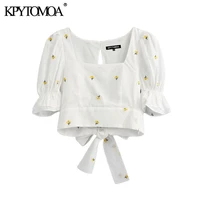 kpytomoa women 2021 sweet fashion floral embroidery cropped blouses vintage pull sleeves back bow tie female shirts chic tops