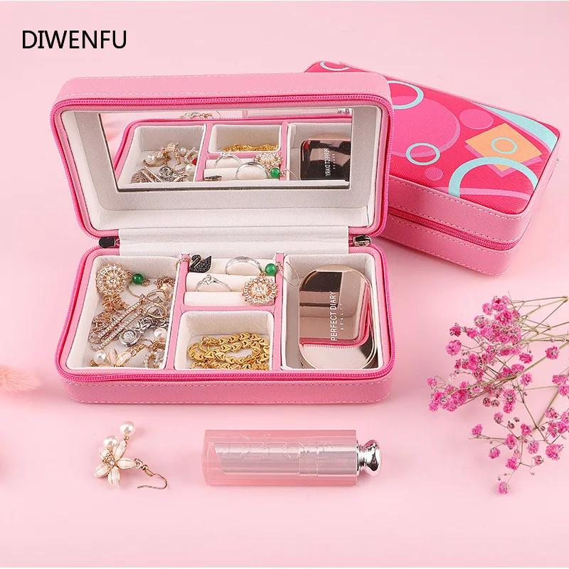

Fine Pink Jewlery Box with Mirror Ring Earring Pendants Multifunction Jewelry Packaging Cute Romantic Zipper Jewelry Organizer