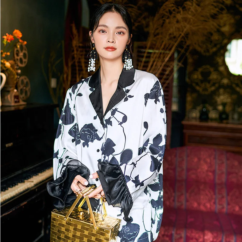 Атласные женские брюки Platycodon с цветочным рисунком черно-белые мозаичные новые