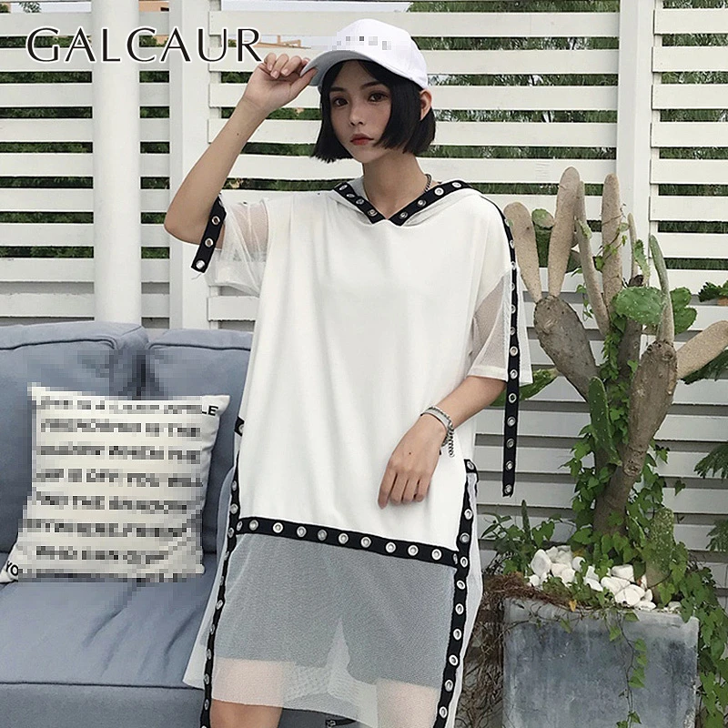 GALCAUR Ribbons Patchwork T-shirts For Women Hooded Short Sleeve Mesh Women's Tops Ocersized 2020 Streetwear Style New | Женская