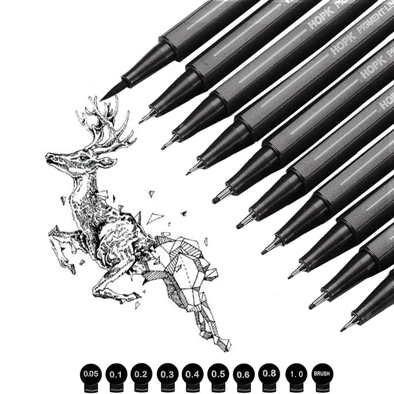 

10Pcs/set Pigment Liner Micron Ink Marker Pen 0.05 0.1 0.2 0.3 0.4 0.5 Brush Tip Black Fineliner Sketching Manga Drawing Pen