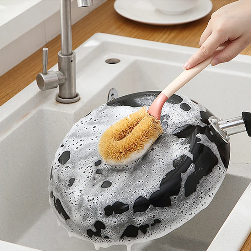 

045 Long Handle Hanging Strong Decontamination Coconut Palm Pot Brush Quick Foaming Cleaning brush Kitchen Clean Tools