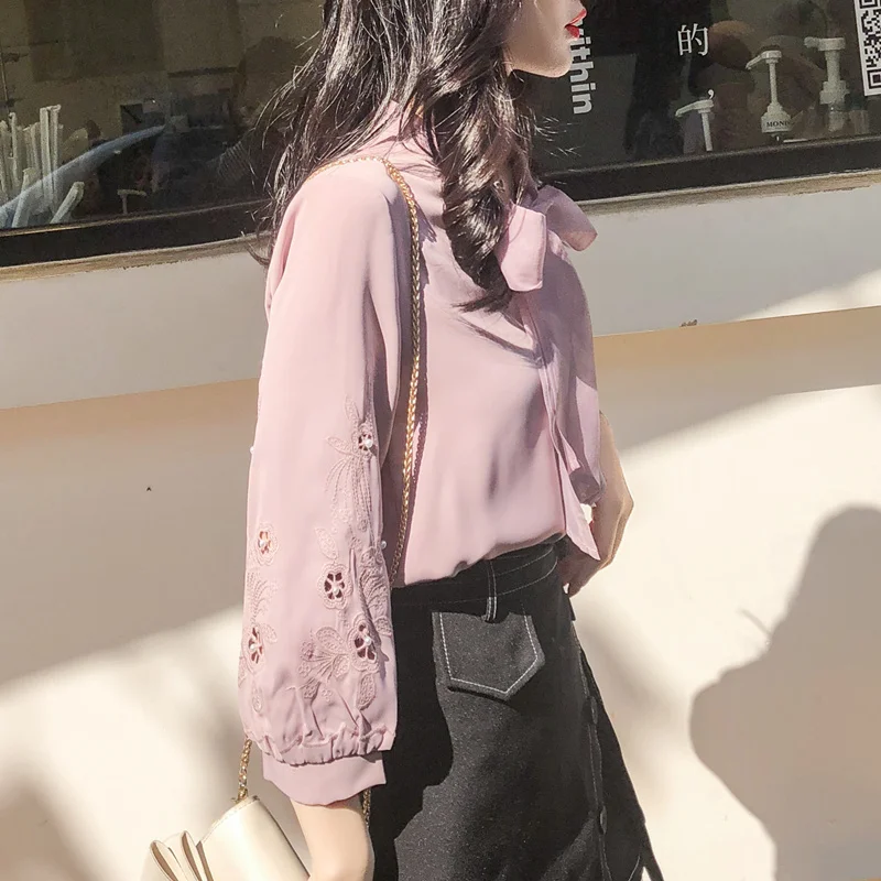 

Bow Chiffon Women Blouse And Shirts Embroidery Lantern Sleeved Hollow Out Solid Office Lady Elegant Shirts Outwear Tops