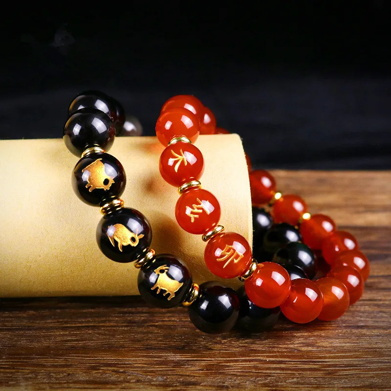 Натуральный красный агат черный обсидиан 12 китайского зодиака повезло браслет