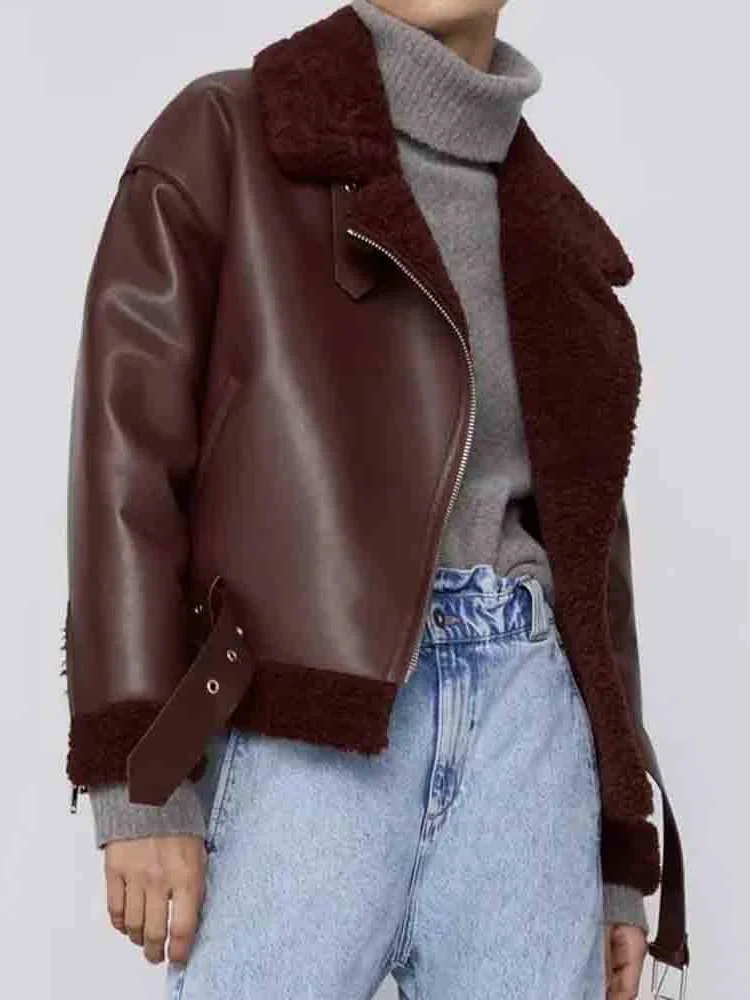 2021 Winter Thickened Locomotive Lapel Female Coat Fur Long Sleeved Loose Belt Warm Women's Jacket Lamb Wool Winter PU Coat