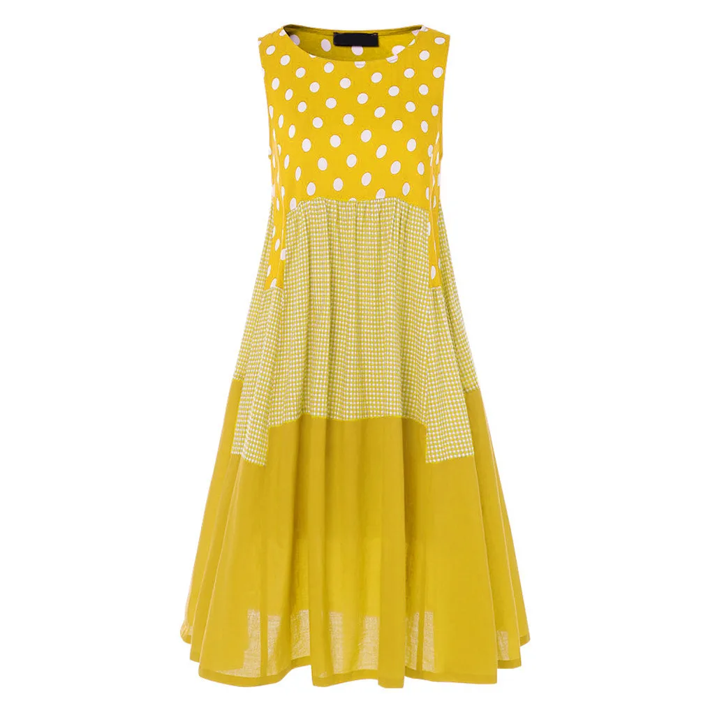 

Undefined Dresses Women Vintage Bohe Wave Point Print Dress Sleeveless O-neck Maxi Dress Vestidos Mujer Femme Robe Elegant