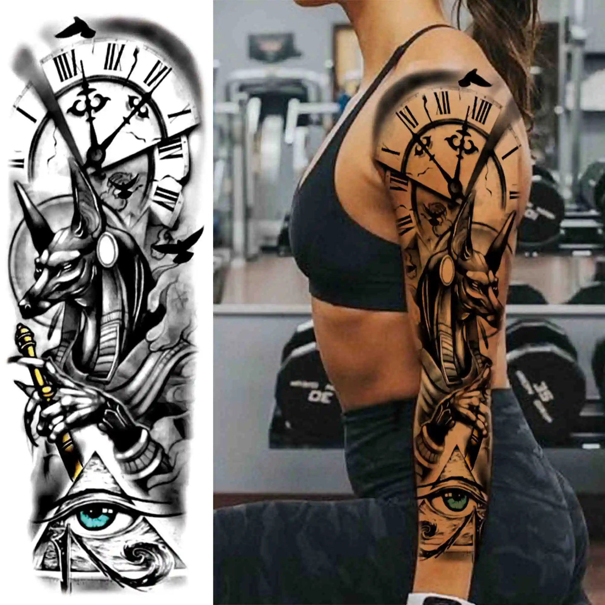 Тату-наклейка Механическая на всю руку с черепом для мужчин женщин волчьи глаза