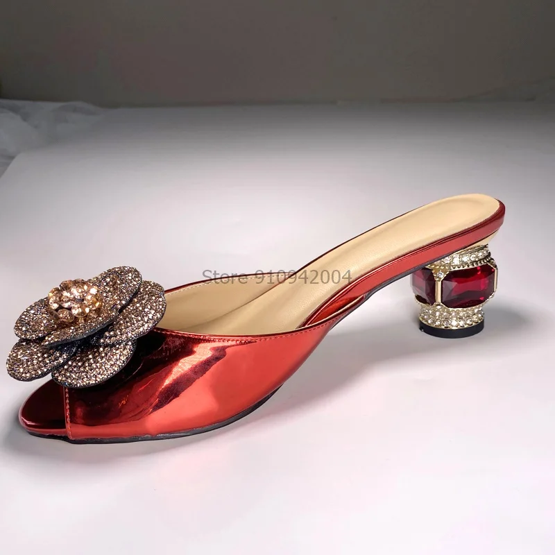 

Women's Slippers Ladies Elegant Peep Toe Shoes Woman Big Flower Low Block Heels Women Fashion Female Mules Summer