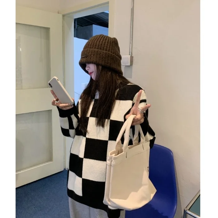 Пуловер в шахматную клетку свитер с круглым вырезом Женская осенне-зимняя