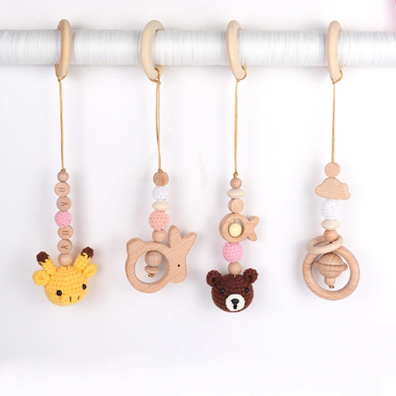 

4 Pcs Baby Gym Frame Pendants Crochet Rattle Wooden Teether for Infant Newborn