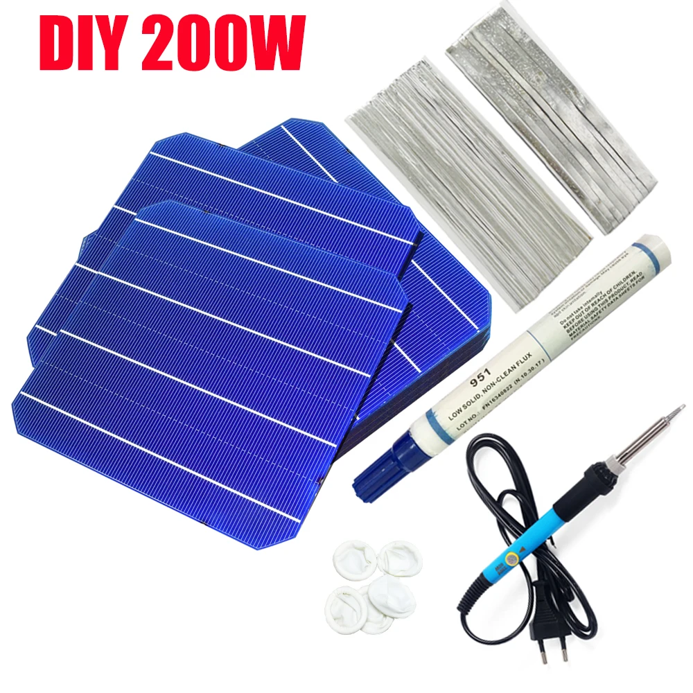 

200W DIY Solar Panel Kit Battery Charger 40PCS Monocrystalline Solar Cell 158.75mm*158.75mm With 5M Busbar 40M Tabbing Wire PV