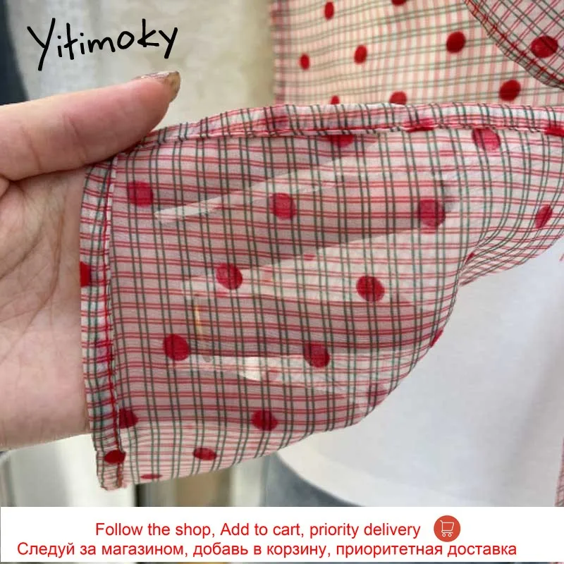 

Yitimoky Short Sleeve Summer Tops for Women 2021 White Vintage Solid O-Neck Splicing Bow Two-piece Loose Korean Simply Style