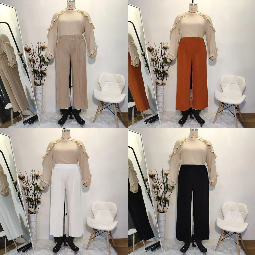 

Women Elastic Palazzo Long Trousers Wide Leg Pants High Waist Loose Plus Size Pleated Solid Color Muslim Bottoms Arab Islam New