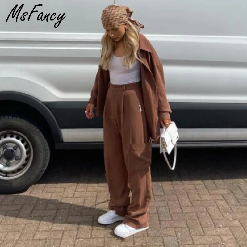 Комплект брюк Msfancy Женский винтажная рубашка с длинным рукавом и карманами брюки