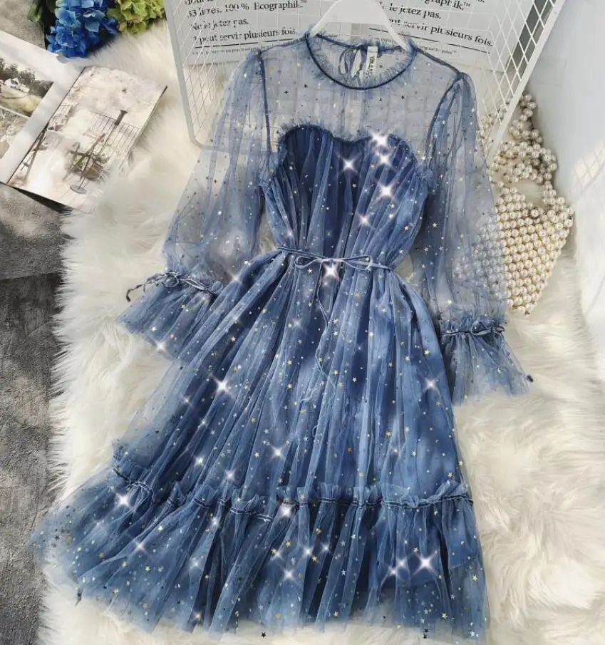 

2021 New Female O-Neck Stars Sequined Mesh Shiny Fairy Dress Women Elegant Bling Gauze Princess Puff Dresses Vestidos De Fiesta