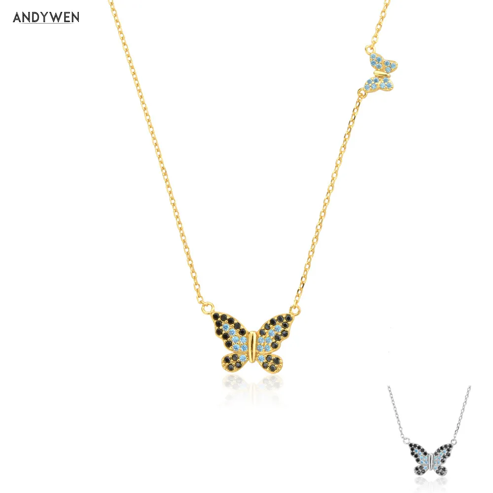 

ANDYWEN 925 Sterling Silver Blue Black Big Butterfly Small Butterfly Pendant Long Chain Necklace 2021 Wedding Gift Animal Jewels