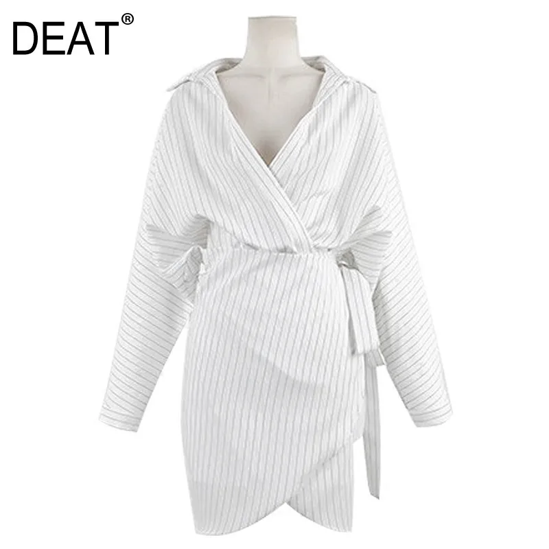 Женское платье с отложным воротником DEAT свободное короткое в полоску рукавами