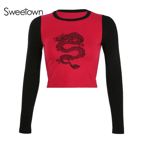 red Sweetown Повседневная модная футболка с принтом дракона с круглым вырезом контрастного цвета в стиле пэчворк с длинным рукавом Осень-зима женские футболки - Цвет: red