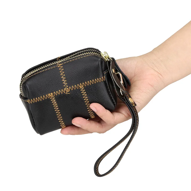 

Luxury Ladies Double Zipper Coin Purse Wristlet Women Small Wallet Girl Short Cow Leather Credit Card Holders Wallets