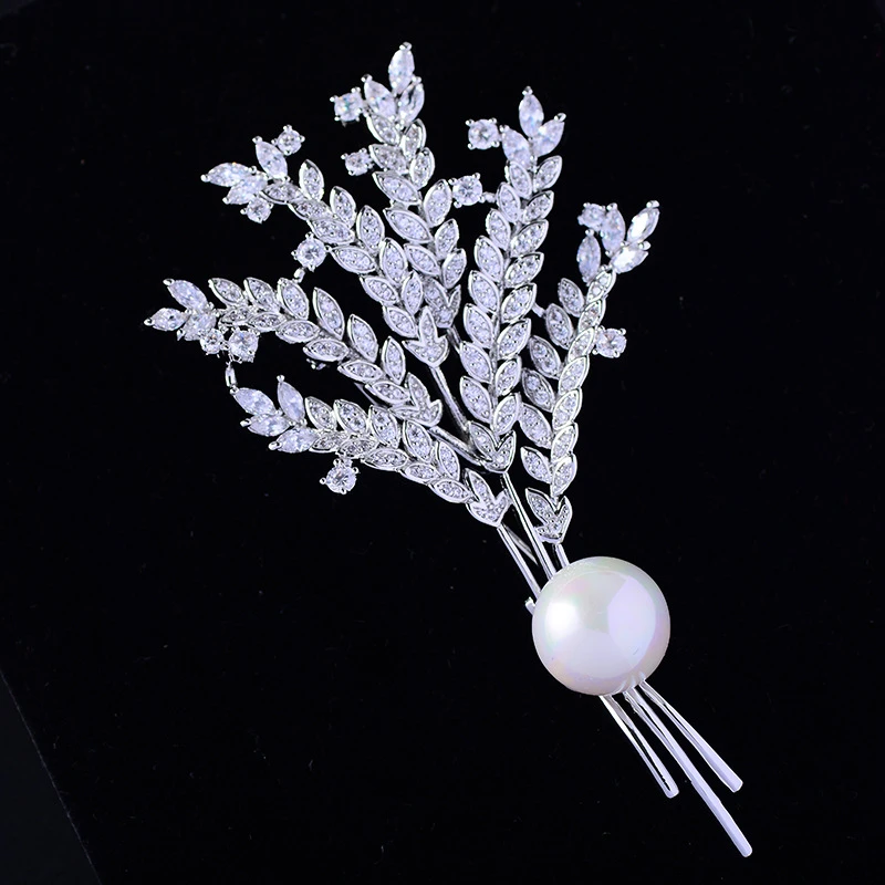 Белые Броши из пшеницы для женщин и мужчин модный костюм с кристаллами жемчугом