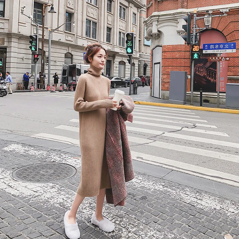

New Turtleneck Sweater Skirt Women's Long Section Autumn / Winter Turtleneck Loose Over-the-Knee Sweater Bottom Dress Women