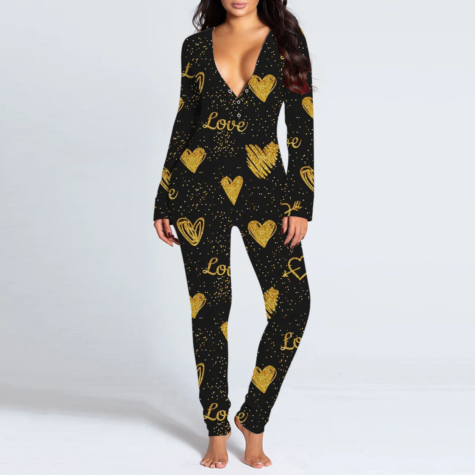 Sexy Women Christmas Cutout Functional Buttoned Flap Adults Pajamas Club Button Design Plunge Lounge Jumpsuit