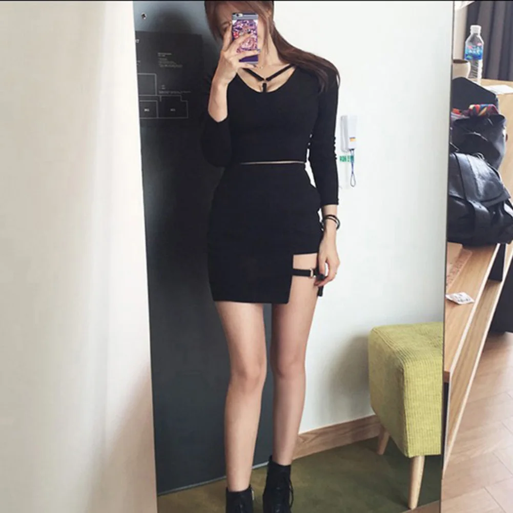 Модный женский однотонный пикантный укороченный топ с круглым вырезом и длинным