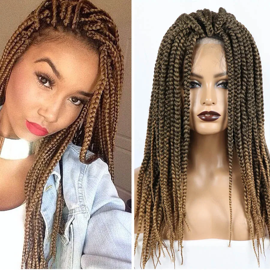 M&H Brown Color Box Crochet Braid Hair Lace Front Wigs Perruque African Braided Synthetic Hair Wig Braiding Wigs For Black Women