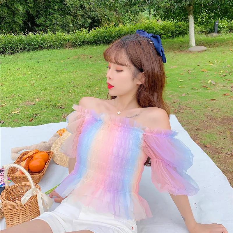 Striped Rainbow Stretchy Shirt Summer Sweet Ruffles Slash Neck Cropped Blouses Women Mesh Crop Tops For Girls |