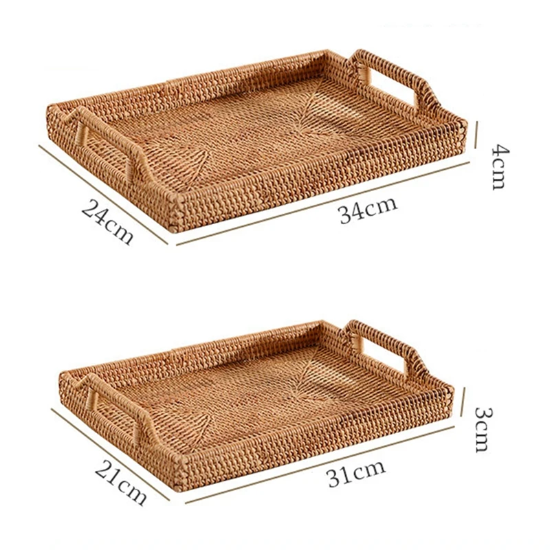 

New-Rattan Storage Basket Snack Bread Basket Square Woven Basket Living Room Desktop Storage Tea Ceremony Accessories, 2PCS