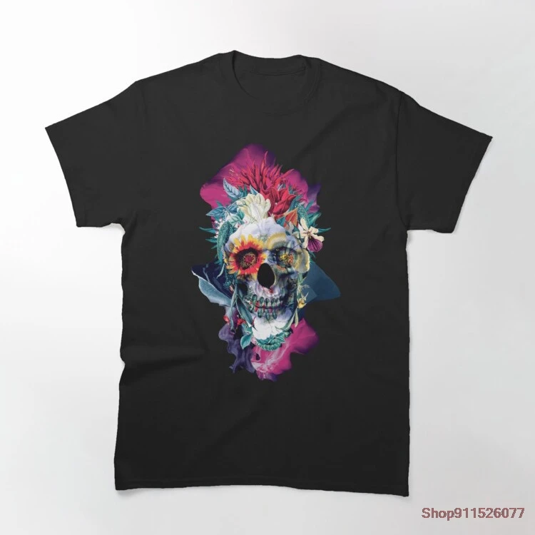 

Floral Skull Blue Black Men's T-shirt Printed T-Shirt Pure Cotton Men Top Tee Print T Shirt O-Neck Short