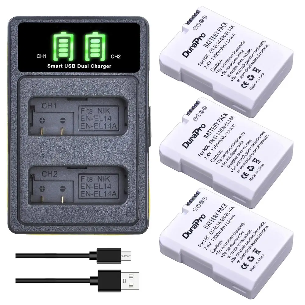 3 шт. x 1200 мАч EN-EL14 EL14 EL14a аккумулятор + светодиодное Зарядное устройство USB для Nikon