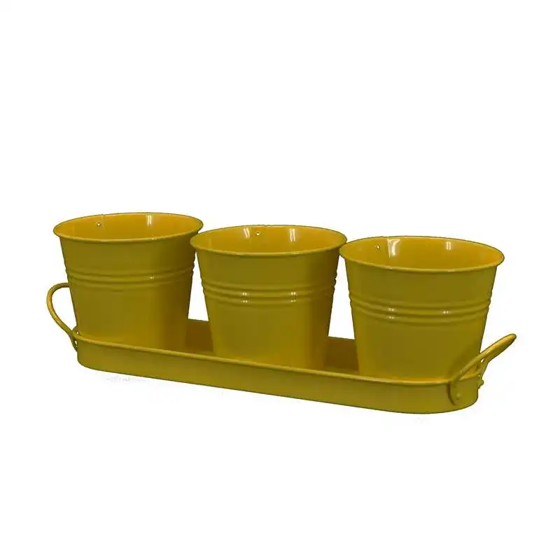 

SET OF THREE 3 METAL GARDEN HERB PLANT FLOWER POTS ON ZINC TRAY