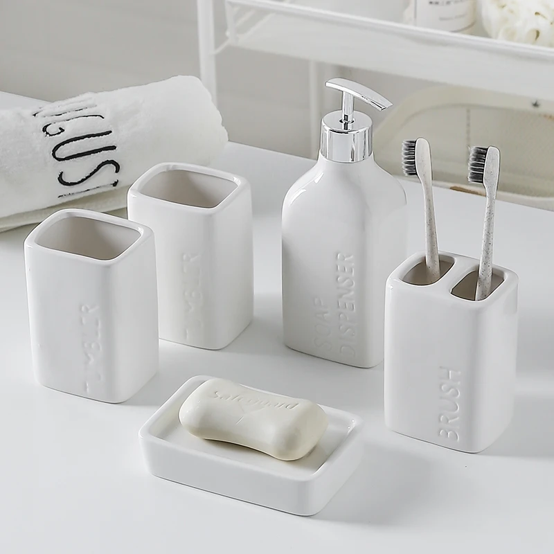 WSHYUFEI 5 pcs/set Simple Pure white ceramic Bathroom Accessories wash sets mouthwash cup Lotion bottle Soap Dish Wash supplies