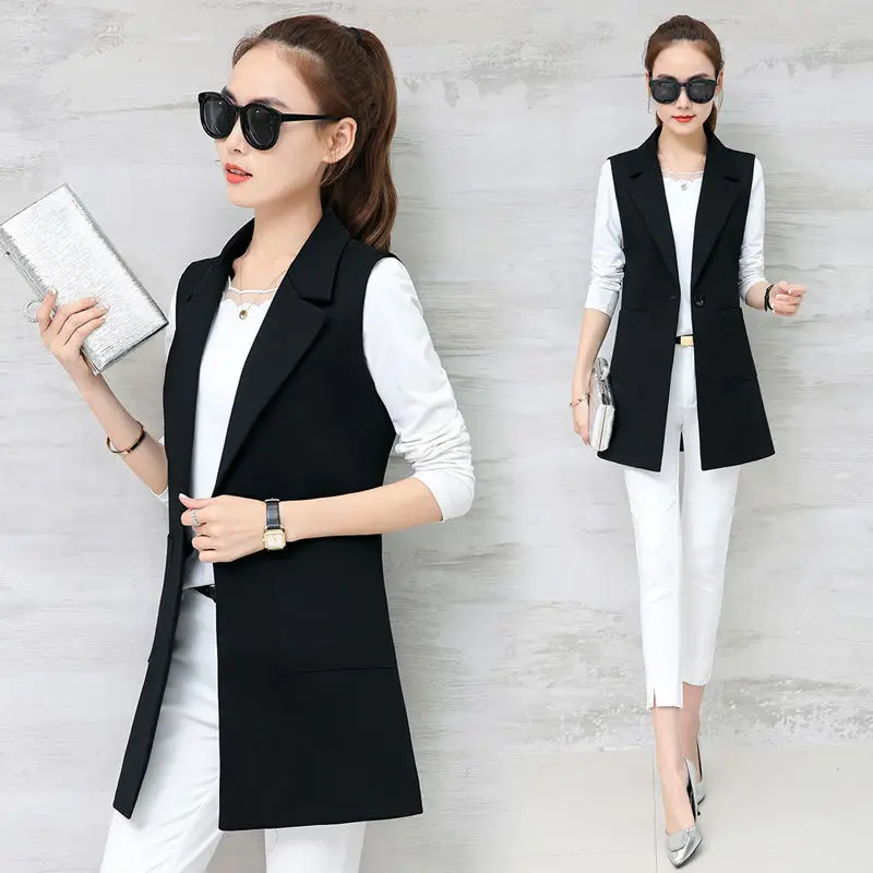 

2020 New Autumn Ladies Long Suit Vest Sleeveless Casual Vest Jacket Women Korean Mid-long Solid Color Waistcoat Coats M123