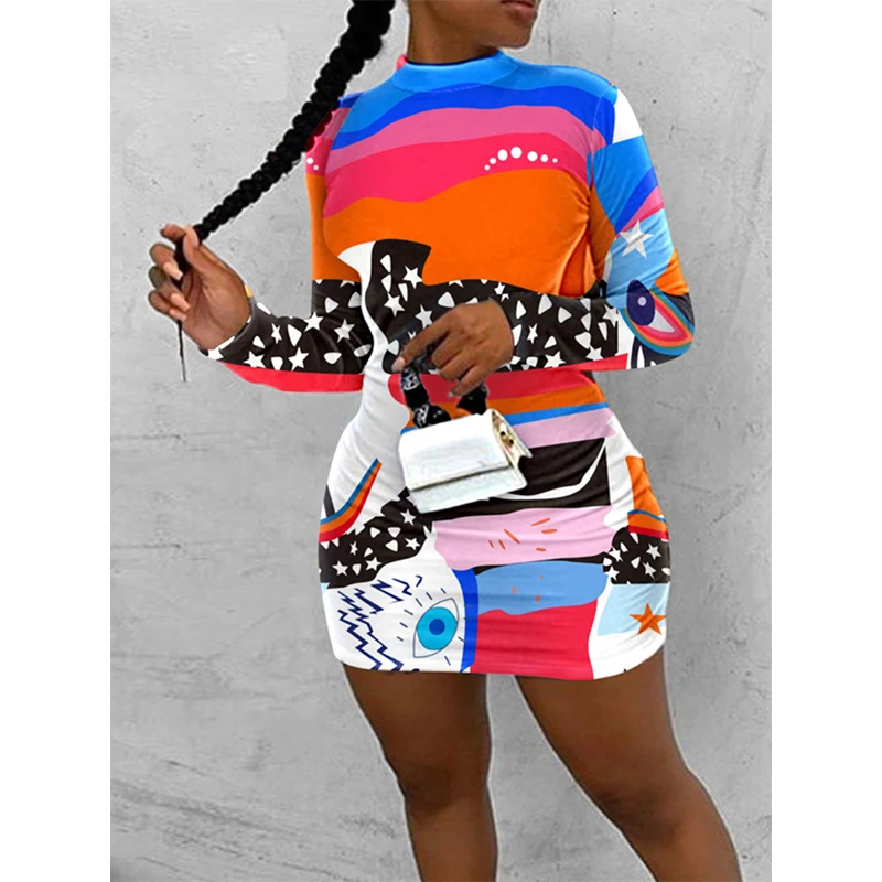 

Fashion Women O-neck dress sexy graffiti print slim skinny dresses autumn long sleeve female backless sexy club elegant dresses