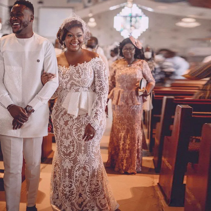 

Plus Size Full Lace Mermaid Wedding Dress Off the Long Sleeve Peplum Nude Lining Church Bridal Dresses Country Wedding Gown