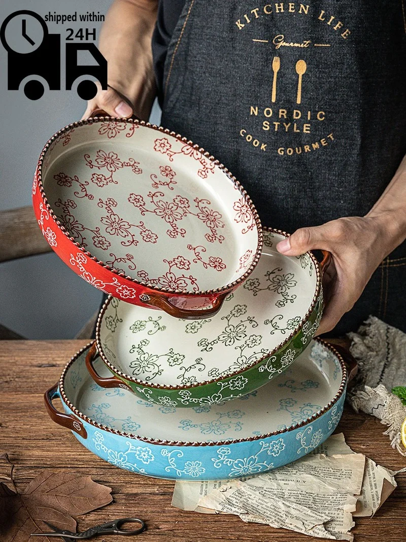 

Creative Cherry Pattern Plate Household INS Bianural Soup Pizza Bake Pan Microwave Ceramic Comal