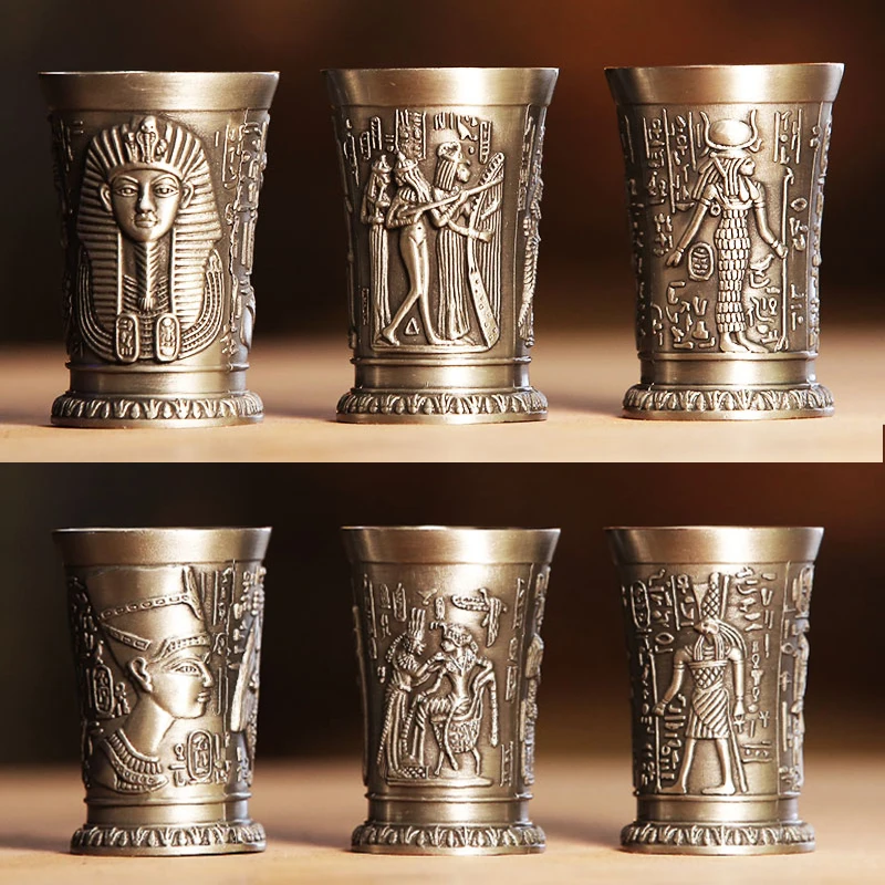 3 pz/lotto egitto mito Retro Copper Cup Shot Glasses 3D Relief Wine Liquor Spirits Cleopatra Rameses Rah Silvery Antique Glasses