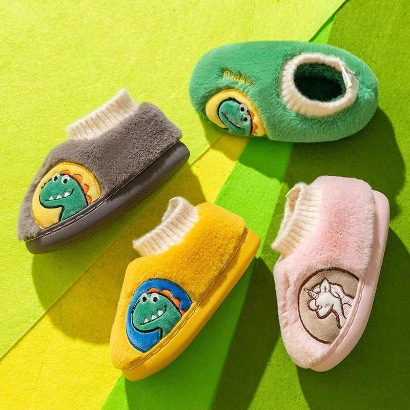

Cartoon Unicorn Dinosaur Kid's House Slippers Winter Warm Plush Slip On Boys Girls Slippers Non Slip Indoor Children Slippers