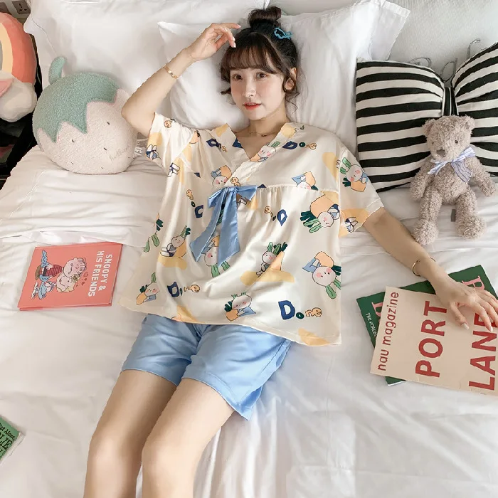 

Summer Ice Silk Female Pajamas Set Sleepwear Loose Soft Satin Pyjama Pour Femme Loungewear Print Cartoon Short Sleeve Home Suit