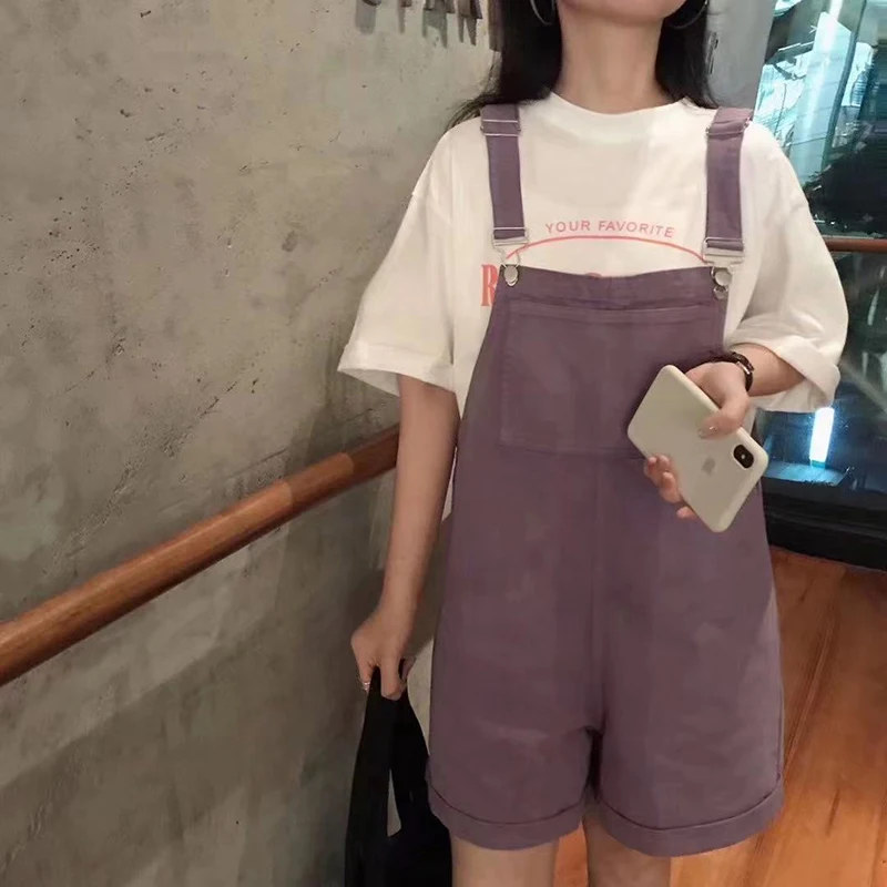 Denim Jumpsuits Women's Korean Preppy Style Summer Loose Lavender Jumpsuit Oversize Big Pocket Thin 2021 Woman Jumpsuit Shorts